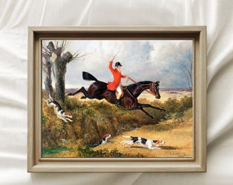 equestrian art, old painting, hunting wall art print, vintage home decoration, country room picture, english landscape, horses illustration