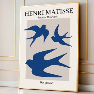 Arte murale rondini, decorazione murale Matisse, uccelli in volo Matisse, stampa artistica blu, arredamento moderno per la casa, regalo per la casa, ornamento blu navy