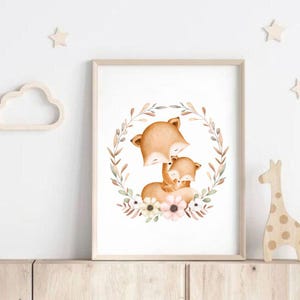 Poster Kinderzimmer, Herbstillustration, beige Wanddekoration, Zeichnung mit Füchsen, Bild für Kinderzimmer, Geschenk für Einjährige, kunst
