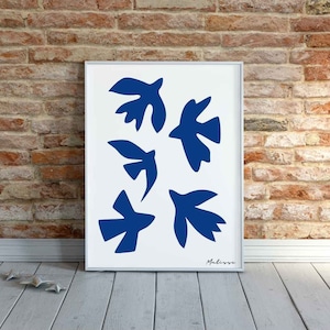 Stampa blu di Matisse, decorazione da parete, uccelli volanti di Matisse, stampa artistica bianco-blu, arredamento moderno per la casa, regalo per la casa, ornamento blu navy