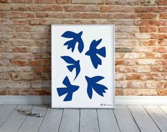 Lámina azul de Matisse, decoración de pared, pájaros voladores de Matisse, lámina azul blanca, decoración moderna del hogar, regalo para el hogar, adorno azul marino