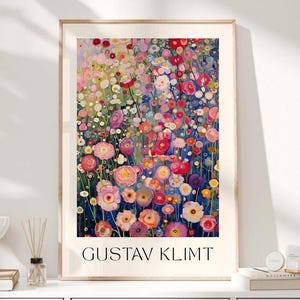 Bauerngarten mit Sonnenblumen  Gustav Klimt, Blumenwiese Wandbild, rosa Wanddekoration, Klimt Poster, Zimmerdekoration, Kunstdruck Klimt