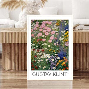 Impressão de arte de parede de Gustav Klimt, pintura de prado de flores silvestres, desenho de prado floral, decoração de casa rosa, enfeite de quarto, pôster de Klimt, decoração de parede