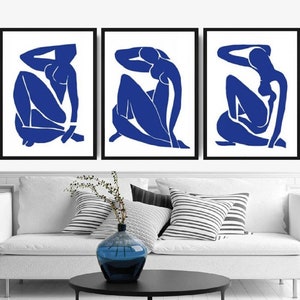 Drei Abstrakte Poster, SET von 3 Kunstdrucke, Henri Matisse kunst, Wandkunst, blaue abstrakte Drucke, abstrakte drucke, Wohnzimmer Bilder Bild 3