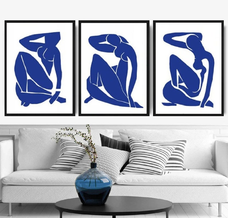 Drei Abstrakte Poster, SET von 3 Kunstdrucke, Henri Matisse kunst, Wandkunst, blaue abstrakte Drucke, abstrakte drucke, Wohnzimmer Bilder Bild 3