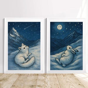 2 láminas de arte mural, dibujo para dormitorio infantil, ilustraciones para habitación infantil en azul marino, adorno para habitación de bebé, póster de animales, pinturas de noche estrellada