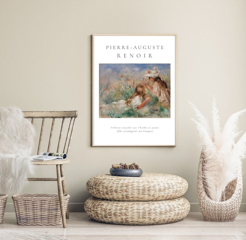 Puede incluir: Una impresi&oacute;n art&iacute;stica enmarcada con una pintura de Pierre-Auguste Renoir. La obra de arte representa figuras en un campo de flores. La impresi&oacute;n incluye el nombre del artista y el t&iacute;tulo de la pintura en franc&eacute;s.