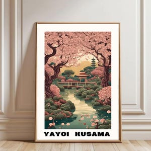 草間彌生のポスター、日本庭園のイラスト、桜の絵画、桜の壁アートの装飾、カラフルな花のプリント、旅行ポスター