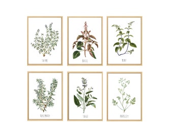 Set 6 Kitchen Prints, Kitchen Gallery, Kitchen Wall Art Set, Kitchen Decor Herb Prints, Herbs Painting, Vintage Kitchen Art, Farmhouse Decor