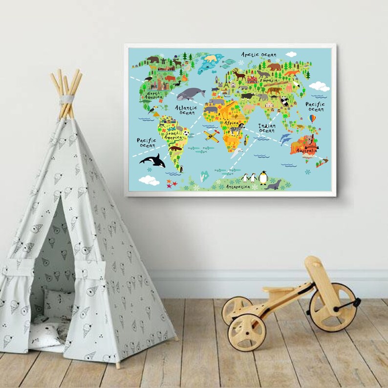 World map print Nursery world map Nursery wall art World Etsy