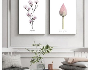 Set of 2 prints, living room wall art, magnolia print, lotus flower print, Pink flowers prints, modern prints, botanical wall art prints