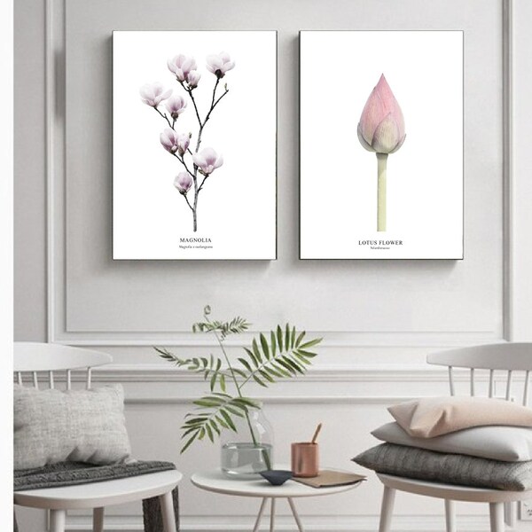 Deux Affiches, galerie pour la chambre à coucher, affiches pour le salon, affiches  fleurs roses, affiches fleurs, magnolia et  fleur lotus