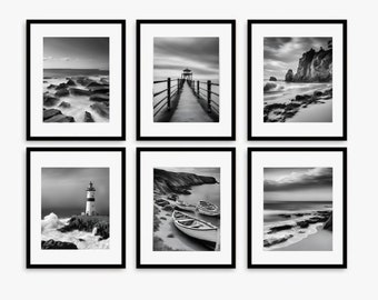 Juego de 6 cuadros de arte de pared, conjunto de fotos en blanco y negro, impresiones de estilo costero, galería del hogar, decoración de pared gris, foto de paisaje marino, foto sin marco