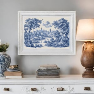 Toile de Jouy-muurkunstdruk, blauw interieur, kamerornament, horizontaal schilderij, Franse tekening, oude foto, afbeelding vintage, cadeauhuis