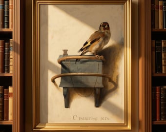 May include: A framed oil painting of a goldfinch perched on a blue wooden feeder, mounted on a wall between two wooden bookshelves. The painting features the text C FABRITIVS 1654 at the bottom. The bird has brown, white, and yellow feathers.
