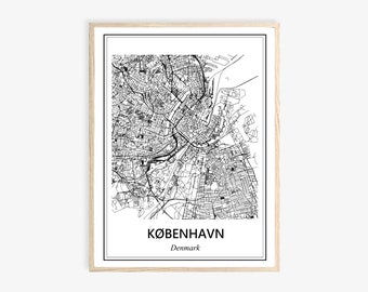 Kopenhagi Mapa, skandynawski plakat, czarno-biały plakat, plakat Danii, mapa miasta, plakat podróżny, duńska estetyka, prezent