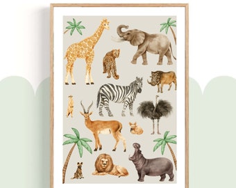 Affiche Chambre D’Enfant, affiche chambre bebe, affiche chambre BB, tableau safari, tableau animaux africains, thème safari, photo jungle