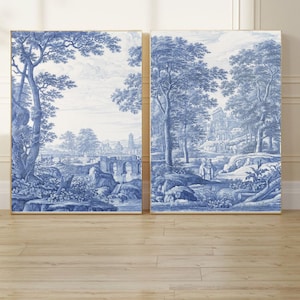 2 Toile De Jouy Wall Art Set, Blue White Wall Decor, Toile Art Prints ...