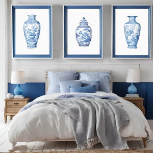 3 dibujos antiguos, pintura china, impresiones de jarrones chinos azules, arte chinoiserie para pared, decoración del hogar, adorno de habitación, regalo de inauguración de la casa