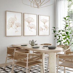 Juego de 3 impresiones de arte mural, dibujos de hojas de Ginkgo biloba, decoración del hogar japonesa, galería botánica, juego de carteles japoneses, arte lineal minimalista en beige