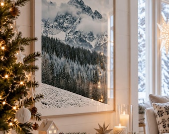 Snowy Mountains Alps Landscape, Winter Cabin Decor, Forest Photography, Christmas Wall Art Print