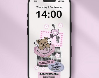 Soft Girl Self Love Phone Wallpaper | Cute Kawaii Angel Bear Stickers Lock Screen | Motivational Quotes | Digital Download.
