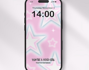 Dreamy Star Self Love Phone Wallpaper | Soft Girl Aesthetic | Pretty Phone Lock Screen | "You're a Star Girl" Quote | Digital Download
