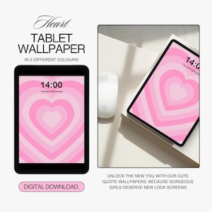 以下が含まれることがあります： 画面に14:00が表示されたピンクと白のハート型のタブレットの壁紙。タブレットの上に「Heart Tablet Wallpaper」と「In 3 different colours!」のテキストが表示されています。タブレットの下に「Digital Download.」のテキストが表示されています。