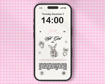 Coquette iPhone Wallpaper with Pretty Bow Ribbon & Cute Bunny - iOS, Y2K Aesthetic, Self Love Quote, Positive Affirmation, Digital Download.