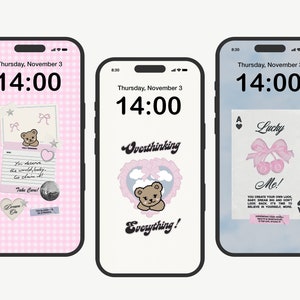 May include: Three phone screens with different backgrounds and text. The first screen has a pink and white checkered background with a note that says "You deserve the world, baby. Take Care!" The second screen has a blue and white background with a heart and clouds and the text "Overthinking Everything!" The third screen has a blue background with a playing card that says "Lucky Me!" and the text "You create your own luck. Dare to dream big and don't look back. It's time to believe in yourself more."