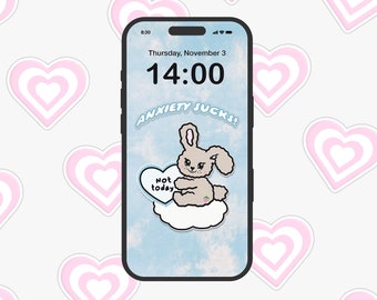 Cute Bunny, Aesthetic iPhone wallpaper, Phone lock screen, Y2k, Anxiety Sucks quote Phone wallpaper, Phone background, Digital download.