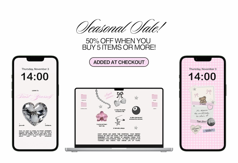 May include: A pink and white checkered background with a black phone displaying a pink and white digital clock that reads "Thursday, November 3 14:00". The phone screen also has a pink and white note with the text "You deserve the world baby, take care of yourself".
