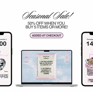 May include: A laptop computer screen displaying a pink and white notebook with the text "I'm the luckiest girl in the world & I love my life. I'm thriving, glowing and attracting all I desire." The notebook is on a blue and white cloudy background. Two cell phones are on either side of the laptop. The left phone displays a pink heart with a diamond design and the text "Treat Yourself." The right phone displays a pink teddy bear with wings and a pink heart with a key. The text "Dream Girl In" is at the bottom of the screen.