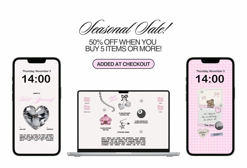May include: A pink and white checkered background with a black phone displaying a pink and white digital clock that reads "Thursday, November 3 14:00". The phone screen also has a pink and white note with the text "You deserve the world baby, take care of yourself".