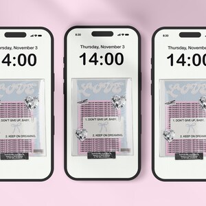 May include: Three identical smartphone screens displaying a digital clock with the time 14:00 and the date Thursday, November 3. Each screen also shows a phone case with a clear plastic cover and a pink and blue design with the word "LOVE" and the text "1. DON'T GIVE UP, BABY" and "2. KEEP ON DREAMING".