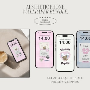 May include: Set of three pink and blue digital phone wallpapers featuring a cartoon bear, a heart with the text "Overthinking Everything!" and a playing card with the text "Lucky Me!"