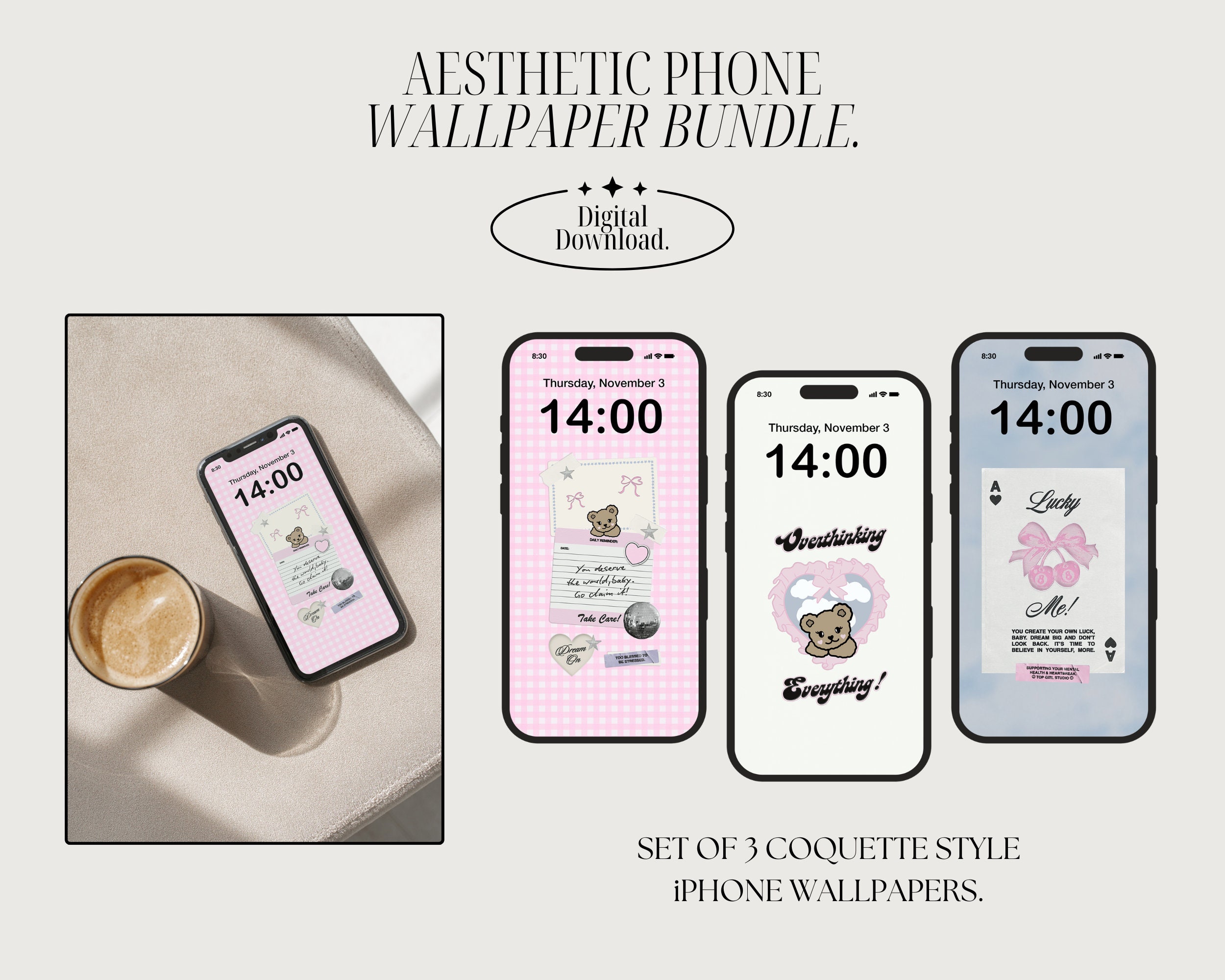 Soft Girl Aesthetic iPhone Wallpaper-bundel, met roze strikken,  zelfliefdecitaten en een schattig teddybeerbehang, digitale download. Pak  van 3 stuks - Etsy België, image size:2500x2000