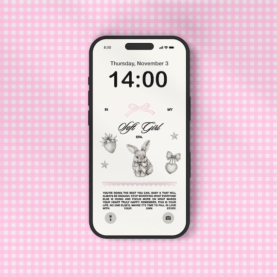 Coquette iPhone Wallpaper with Pretty Bow Ribbon & Cute Bunny - iOS, Y2K Aesthetic, Self Love Quote, Positive Affirmation, Digital Download.