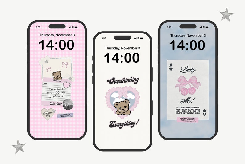 May include: Three phone screens with different backgrounds and text. The first screen has a pink and white checkered background with a note that says "You deserve the world, baby. Take Care!" The second screen has a blue and white background with a heart and clouds and the text "Overthinking Everything!" The third screen has a blue background with a playing card that says "Lucky Me!" and the text "You create your own luck. Dare to dream big and don't look back. It's time to believe in yourself more."