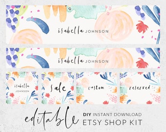 Etsy banner and icon, Watercolor Etsy shop graphics, Premade banner, Baby branding, Whimsical banners, Handwritten font, Abstract flowers 18