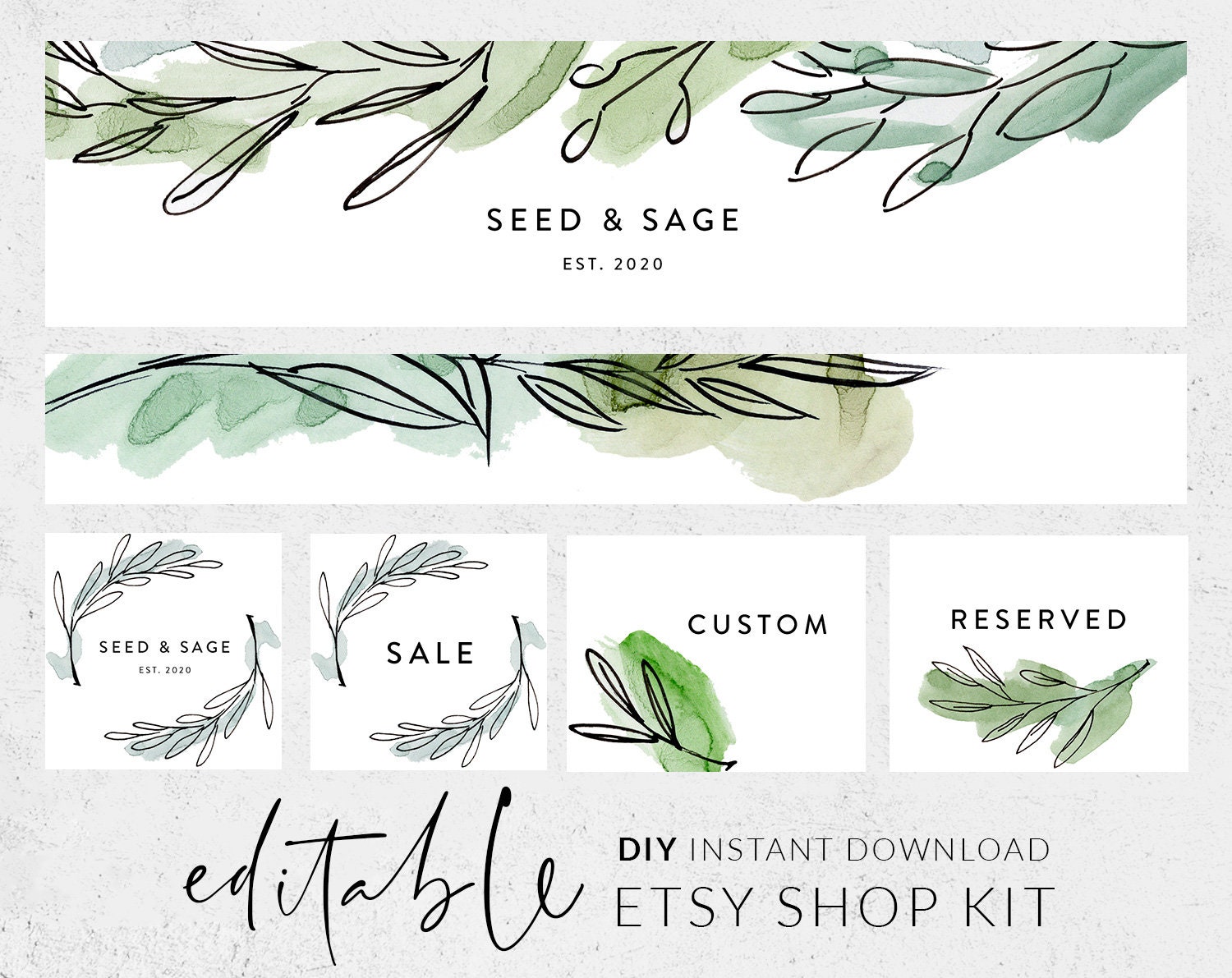 Greenery Etsy shop banner, Etsy shop kit, Etsy shop logo, Shop icon, Banner  template, Editable banners, Etsy banners DIY, Templett banner Inside Etsy Banner Template