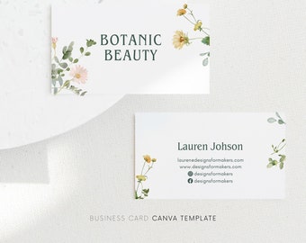 Business card template Canva, Business card design, Aesthetic business cards, Watercolor greenery, Watercolor flowers, Nature inspired brand