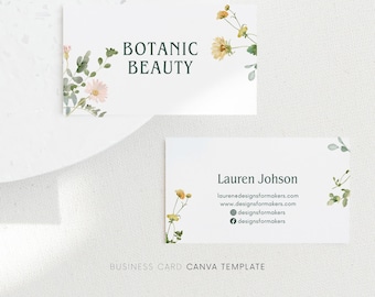 Business card template Canva, Business card design, Aesthetic business cards, Watercolor greenery, Watercolor flowers, Nature inspired brand
