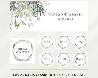Könnte beinhalten: Eine Canva-Vorlage für ein Social-Media-Branding-Kit für ein Unternehmen namens "THREAD & WEAVES", das sich auf Bio-Leinen spezialisiert hat. Die Vorlage zeigt ein grünes und weißes Blumenmuster mit einem Kranz und dem Text "THREAD & WEAVES" in der Mitte. Die Vorlage enthält auch einen Satz von Social-Media-Symbolen mit dem Text "Über uns", "Prozess", "FAQ", "Familie", "BTS" und "Bewertungen".