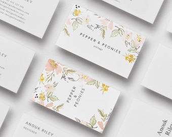 Floral business card template, Business card Templett, Watercolor flowers business card, Business card graphic design, Custom business card
