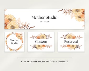 Etsy cover image Canva template, Etsy shop banner, Etsy shop icon, Etsy branding kit, Fall floral banner, Autumn colors, Boho yellow flowers