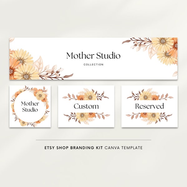 Etsy cover image Canva template, Etsy shop banner, Etsy shop icon, Etsy branding kit, Fall floral banner, Autumn colors, Boho yellow flowers