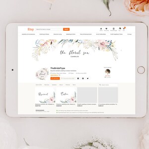 Pode incluir: P&aacute;gina da loja Etsy para TheBridalType, com designs florais em aquarela e o texto "the floral sea candles". A loja oferece modelos de convite de casamento, cart&otilde;es RSVP e designs personalizados.