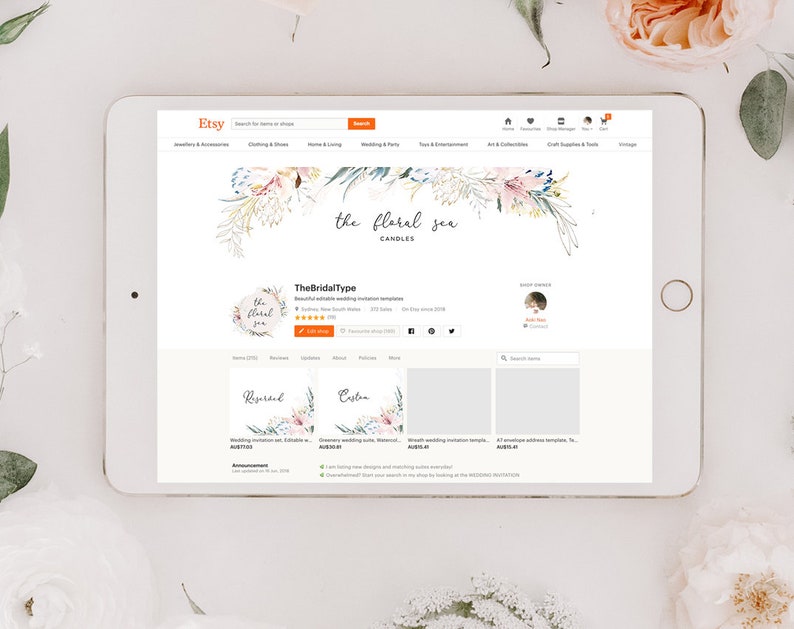 Pode incluir: P&aacute;gina da loja Etsy para TheBridalType, com designs florais em aquarela e o texto "the floral sea candles". A loja oferece modelos de convite de casamento, cart&otilde;es RSVP e designs personalizados.