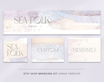 Etsy shop kit, Etsy banner, Canva template, Logos and branding, Etsy branding, Etsy cover photo, Mermaid, Purple watercolor, Gold glitter